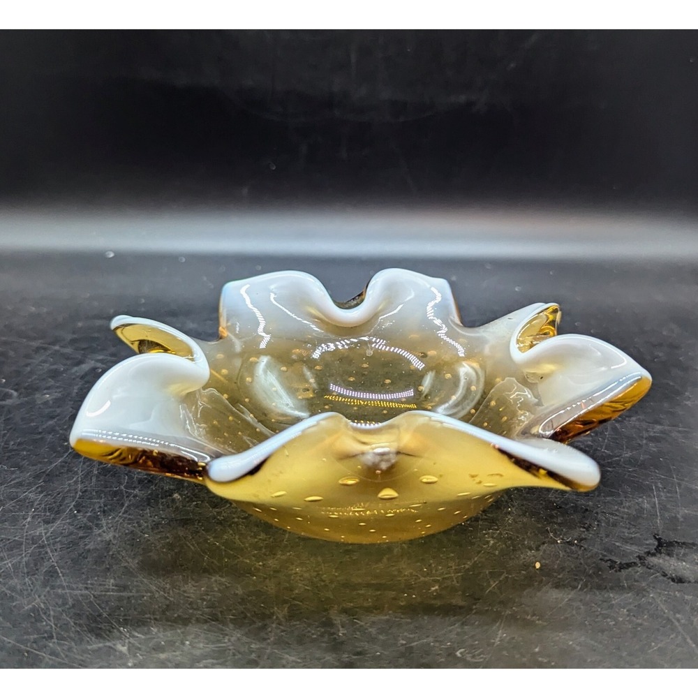 Vintage Amber Opalescent Murano Art Glass Starfish Bowl Bullicante 7.25"